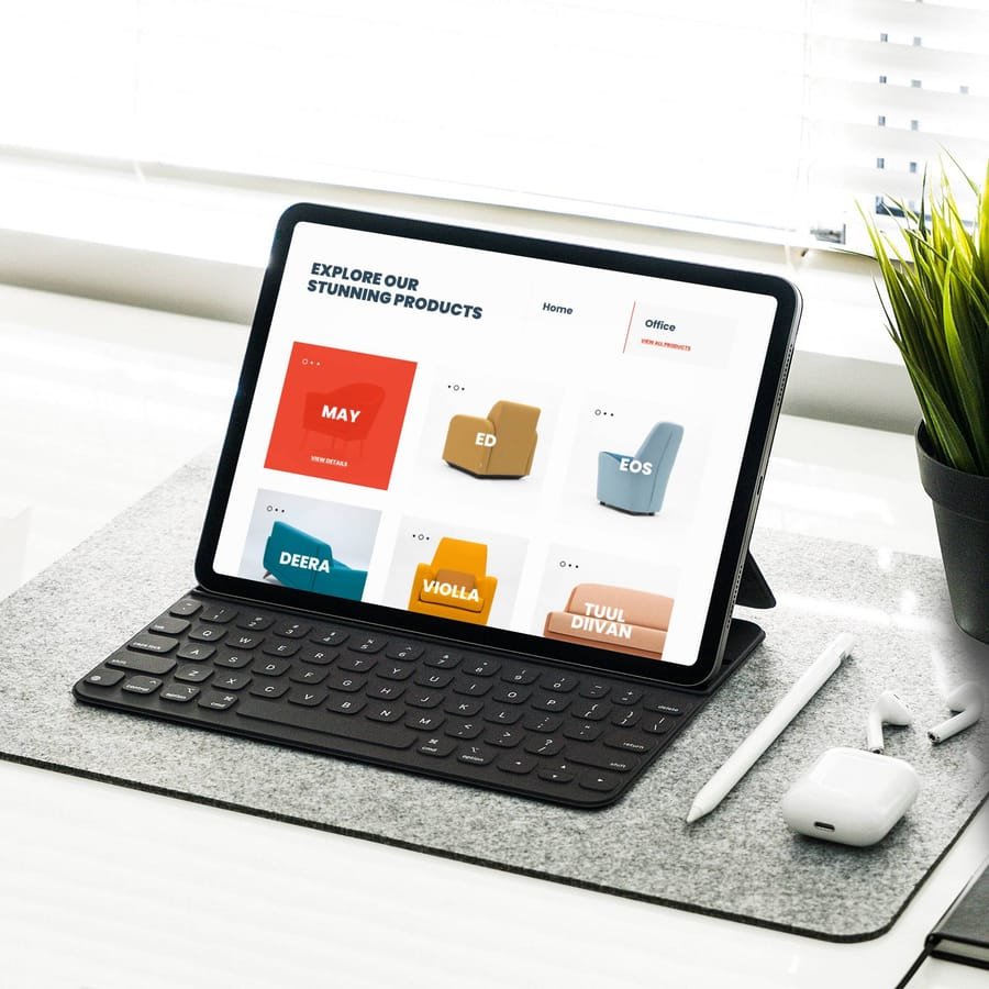 Borg product catalog on a tablet with keyboard on a desk