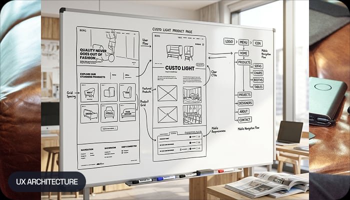 Hand-drawn Borg UX architecture wireframes on a whiteboard
